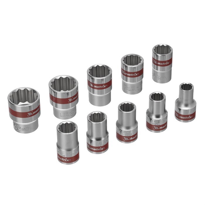 Набор торцевых головок, 1/2", 12 гранные, CrV, 10-24мм, 10 штук Matrix 14735