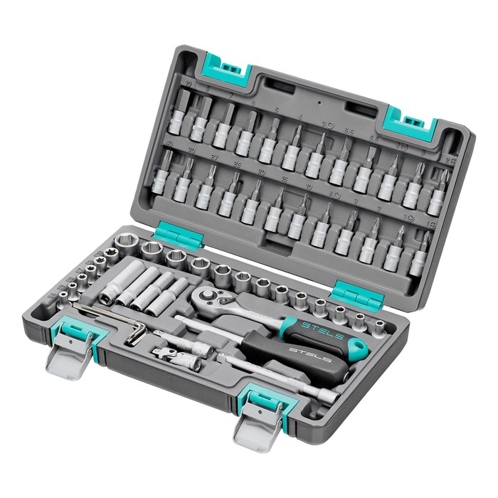 Набор инструментов, 1/4", CrV, пластиковый кейс 57 предметов Stels 15529