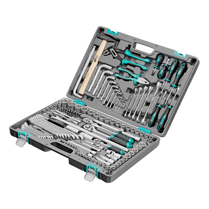 Набор инструментов, 1/2",3/8", 1/4", CrV, пластиковый кейс 142 предмета Stels 15537