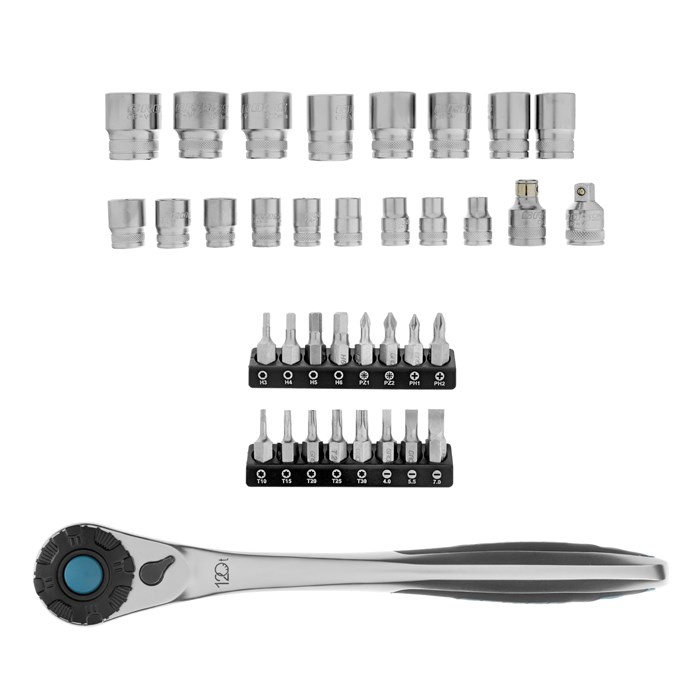 Набор торцевых головок, трещотка 120 зубьев, 1/2", CrV, 36 предметов Gross 15558