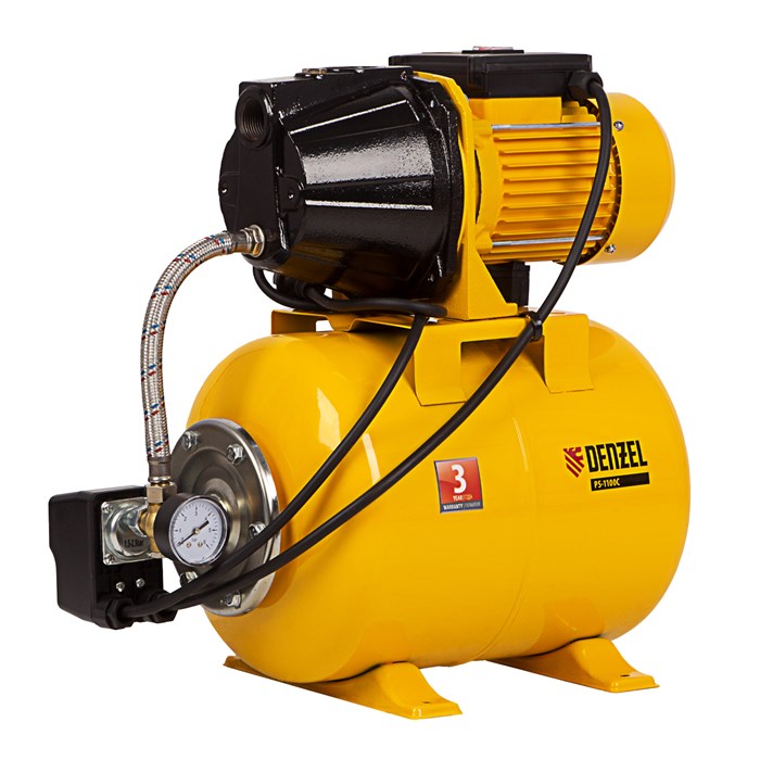 Насосная станция PS-1100С, 1100 Вт, 4500 л/ч, ресивер 24 л, подъем 46 м, чугун Denzel 23865