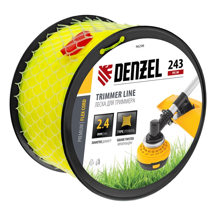 Леска для триммера витой квадрат, 2,4мм х 243м, на DIN катушке FLEX CORD Denzel 31906