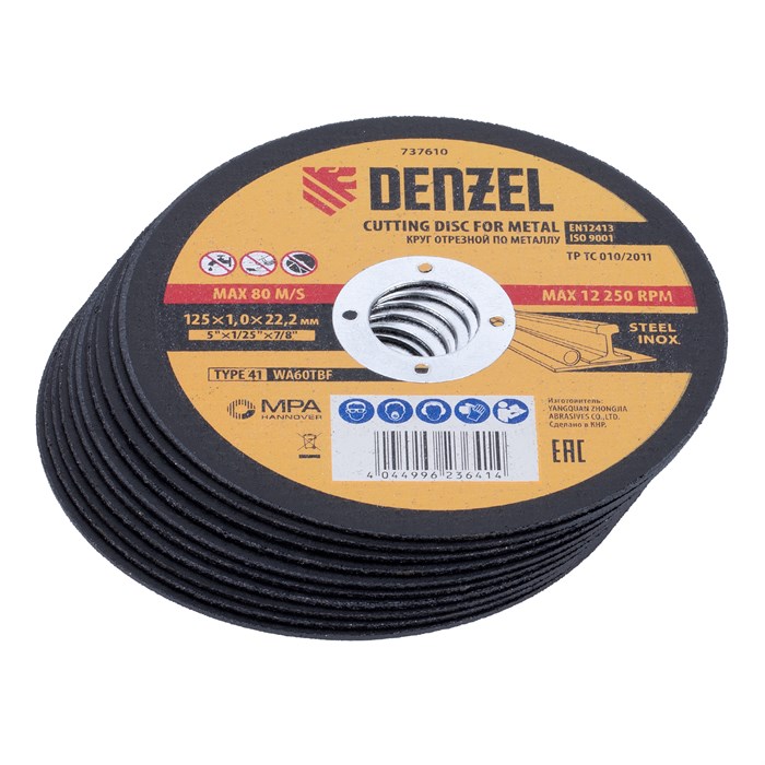 Круг отрезной по металлу, 125 х 1,0 х 22,2 мм, WA60TBF, в метал.банке, 10 шт. Denzel 33919