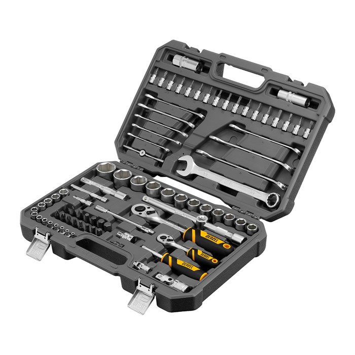 Набор инструментов, 1/2", 1/4", CrV, S2, пластиковый кейс, 82 предмета Denzel 36781