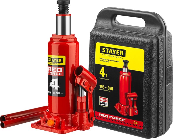 STAYER RED FORCE, в кейсе, 4 т, 195 - 380 мм, бутылочный гидравлический домкрат, Professional (43160-4-K) 00018497
