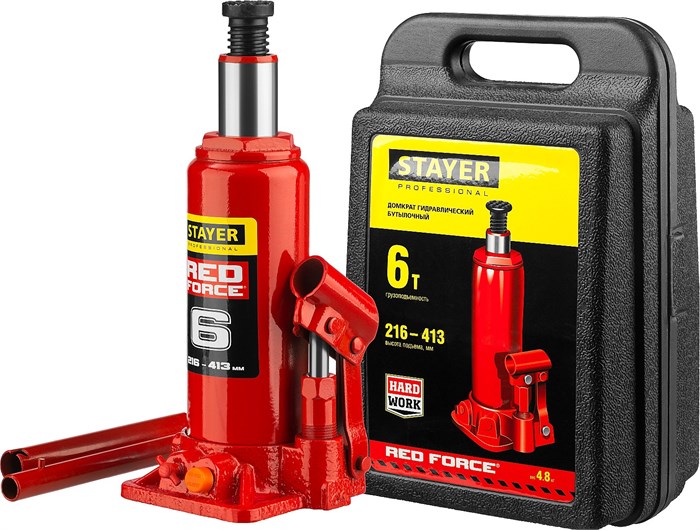 STAYER RED FORCE, в кейсе, 6 т, 216 - 413 мм, бутылочный гидравлический домкрат, Professional (43160-6-K) 00018500