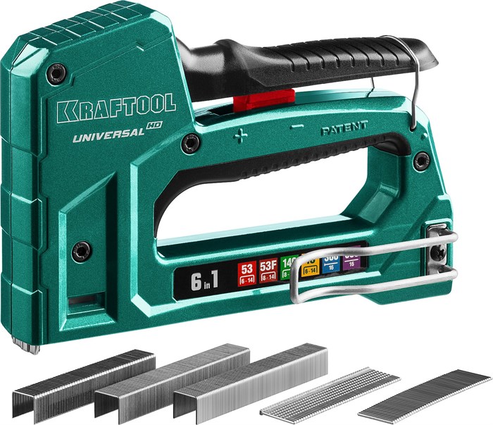 KRAFTOOL Universal-HD, 6-в-1: 53 (A/10/JT21) 23GA (6 - 14 мм)/140 (G/11/57) 20GA (8 - 14 мм)/13/53F/300/500, универсальный алюминиевый степлер (3188) 00019574