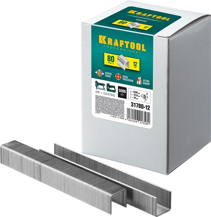KRAFTOOL скобы тип 80 (BeA/Prebena A/Senco AT), 12 мм, калибр 21GA. 5000 шт (31780-12) 00019674