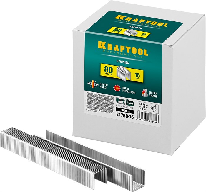 KRAFTOOL скобы тип 80 (BeA/Prebena A/Senco AT), 16 мм, калибр 21GA. 5000 шт (31780-16) 00019675