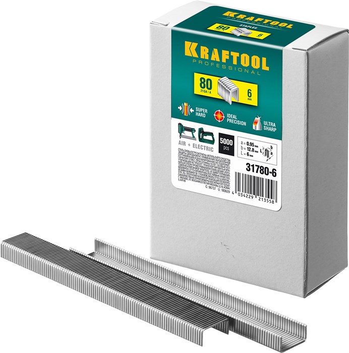 KRAFTOOL скобы тип 80 (BeA/Prebena A/Senco AT), 6 мм, калибр 21GA. 5000 шт (31780-6) 00019676