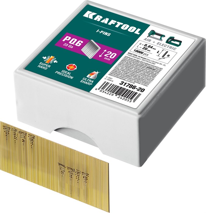 KRAFTOOL шпильки тип P0.6, 20 мм, калибр 23GA. 10 000 шт (31786-20) 00019686