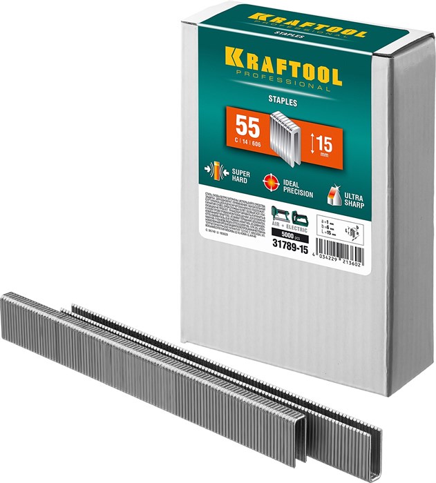 KRAFTOOL скобы тип 55 (90/C), 15 мм, калибр 18GA. 5000 шт (31789-15) 00019693
