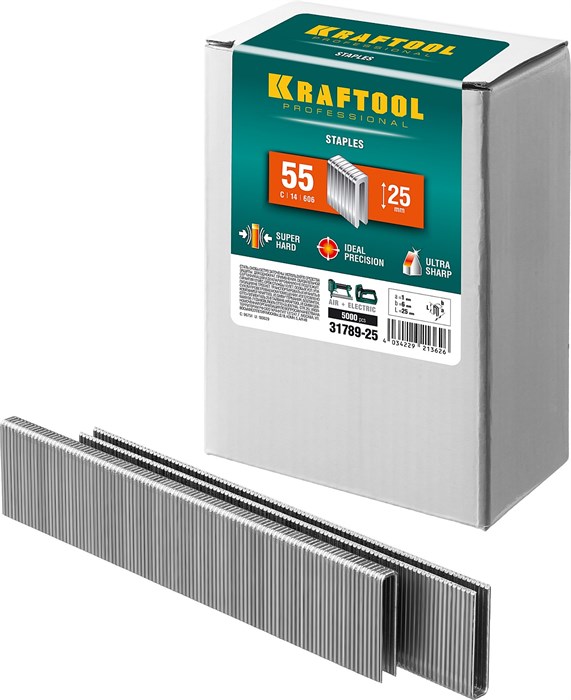 KRAFTOOL скобы тип 55 (90/C), 25 мм, калибр 18GA. 5000 шт (31789-25) 00019695