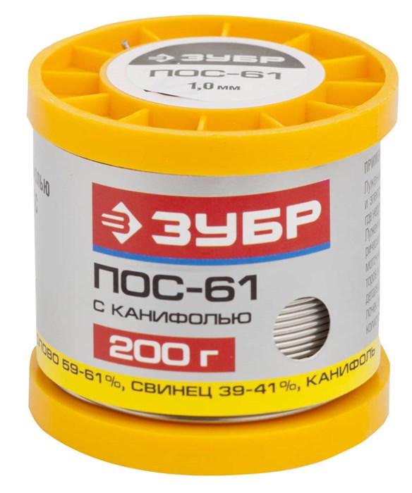 ЗУБР ПОС 61, 1 мм, 200 г, трубка с канифолью, припой (55450-200-10C) 00020498