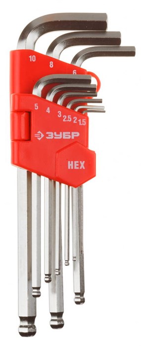 ЗУБР 9 шт, с шариком, набор длинных имбусовых ключей (27461-2) 00022303