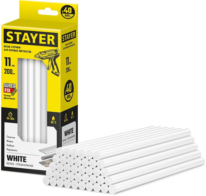 STAYER White, белые, 11 х 200 мм, 40 шт, клеевые стержни, Professional (2-06821-W-S40) 00030846