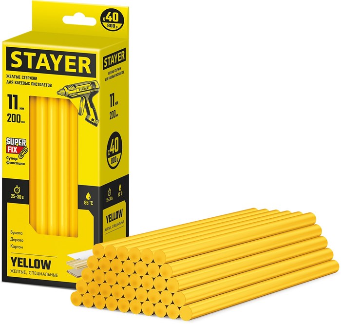 STAYER Yellow, жёлтые, 11 х 200 мм, 40 шт, клеевые стержни, Professional (2-06821-Y-S40) 00030848