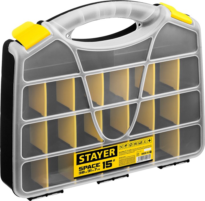 STAYER SPACE-15, 380 х 310 х 70 мм, (15″), пластиковый органайзер с 21 ячейкой (38038-15) 00031320