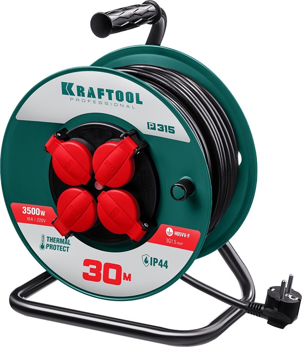 KRAFTOOL P-315, ПВС, 3 x 1.5 мм2, 30 м, 3500 Вт, IP44, силовой удлинитель на катушке (55084-30) 00032527