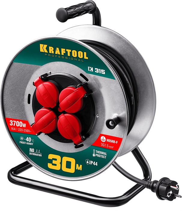 KRAFTOOL K-315, КГ, 3 x 1.5 мм2, 30 м, 3700 Вт, IP44, силовой удлинитель на стальной катушке (55085-30) 00032529