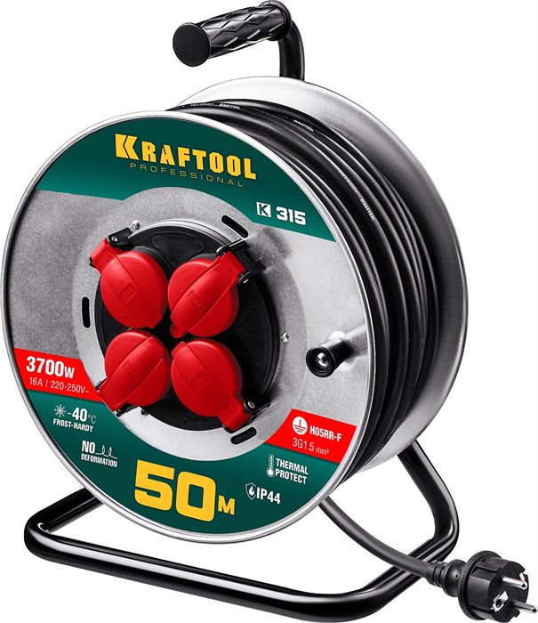 KRAFTOOL K-315, КГ, 3 x 1.5 мм2, 50 м, 3700 Вт, IP44, силовой удлинитель на стальной катушке (55085-50) 00032565