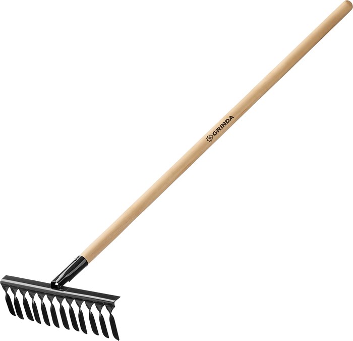 GRINDA GS-12 WOOD, 385 х 95 х 1300 мм, 12 витых зубцов, углеродистая сталь, антикор. покрытие, черенок дерев. высш. сорт, садовые грабли(39581-12) 000187059