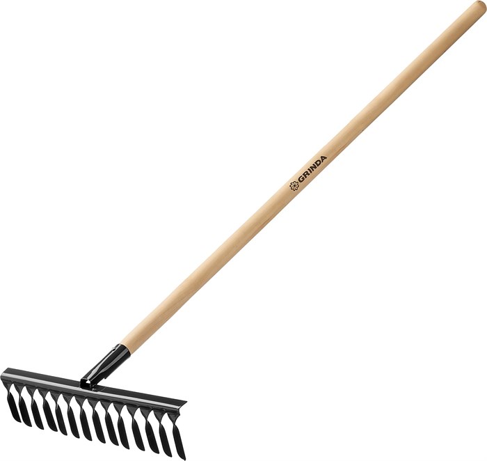GRINDA GS-14 WOOD, 445 х 95 х 1300 мм, 14 витых зубцов, углеродистая сталь, антикор. покрытие, черенок дерев. высш. сорт, садовые грабли(39581-14) 000256430