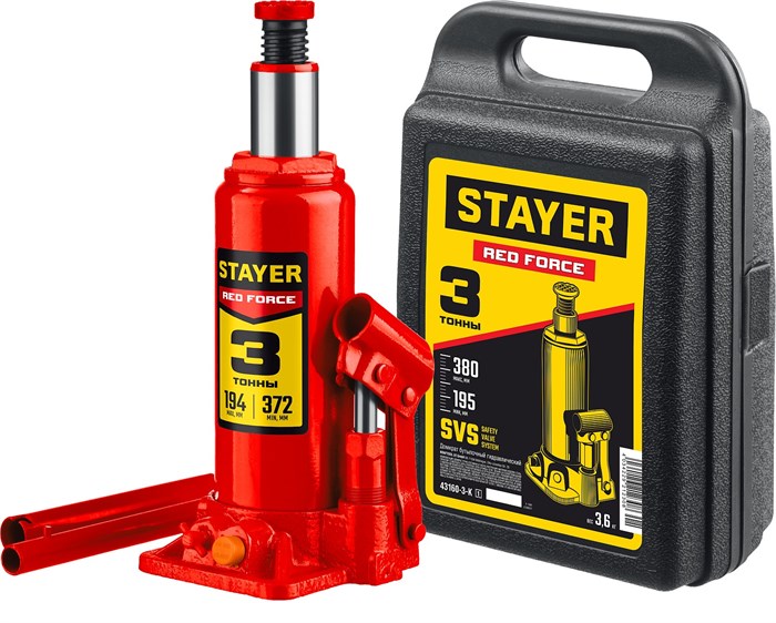 STAYER RED FORCE, в кейсе, 3 т, 194 - 375 мм, бутылочный гидравлический домкрат, Professional (43160-3-K) 00013396466