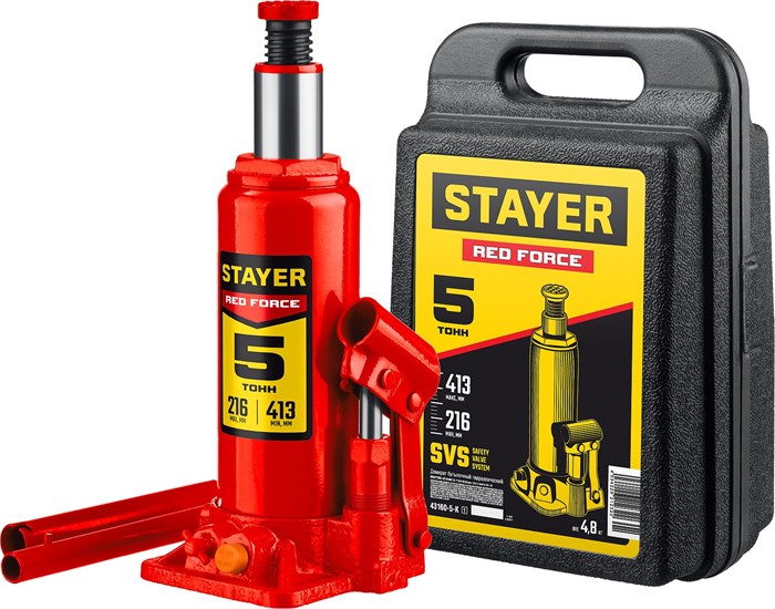 STAYER RED FORCE, в кейсе, 5 т, 216 - 413 мм, бутылочный гидравлический домкрат, Professional (43160-5-K) 00013396471