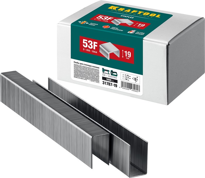 KRAFTOOL скобы тип 53F (D/056), 19 мм, калибр 23GA. 5000 шт (31787-19) 00016078210