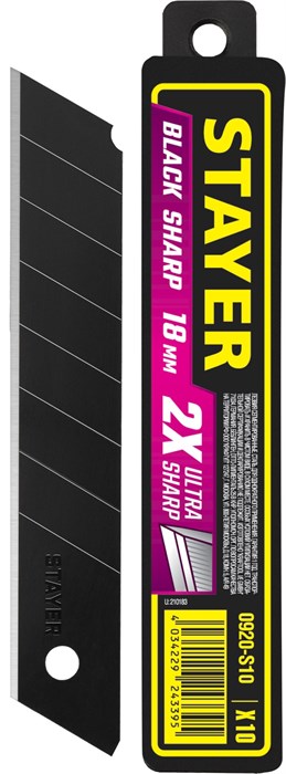 STAYER BLACK SHARP, 18 мм, 10 шт, сегментированные черные особоострые лезвия (0920-S10) 00027049699