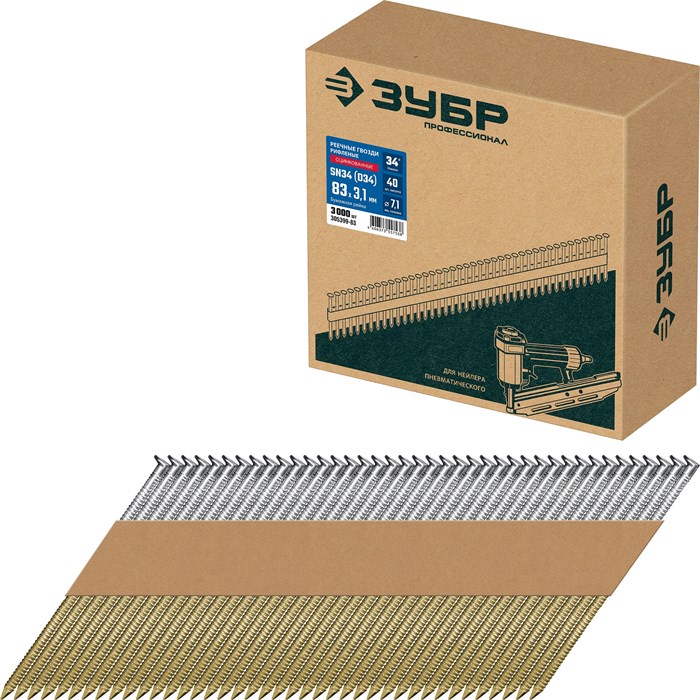 ЗУБР SN34 (D34) 83 х 3.1 мм, реечные гвозди рифленые оцинкованные, 3000 шт (305399-83) 00028502563