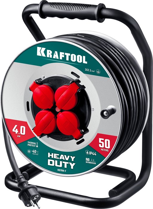 KRAFTOOL HEAVY DUTY 4.0, КГ 3х2.5 50м 4000Вт IP44, силовой удлинитель на стальной катушке (55086-50) 00030828115