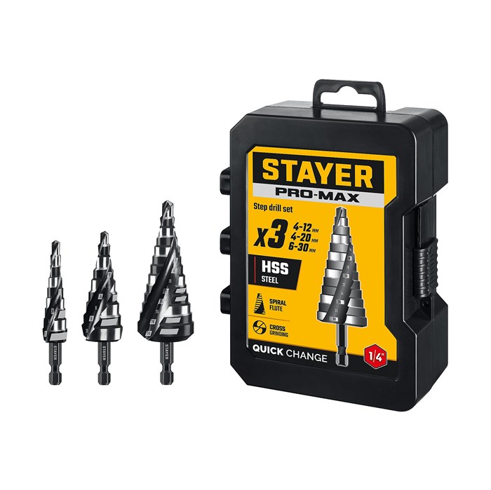 STAYER Pro-Max 3 шт, 4-30мм, винтовая спираль, набор сверл ступенчатых (29661-4-30-H3) 00031316425