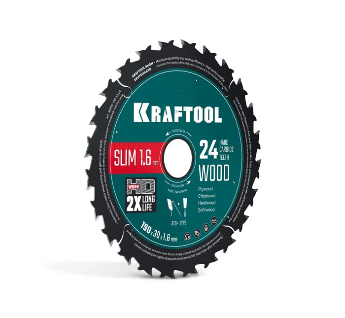 KRAFTOOL Slim wood cut 190 х 30 x 1.6 мм, 24Т, диск пильный по дереву, (36955-190-30-24) 00045261269