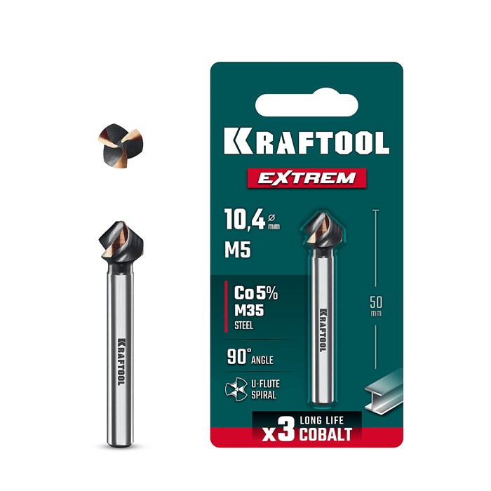 KRAFTOOL EXTREM, d 10.4х6х50 мм, Z3, 90°, сталь M35, U-образная спираль, зенковка (29734-5) 00048197232