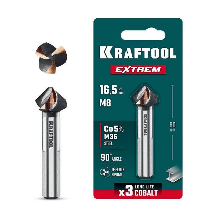 KRAFTOOL EXTREM, d 16.5х10х60 мм, Z3, 90°, сталь M35, U-образная спираль, зенковка (29734-8) 00048197234