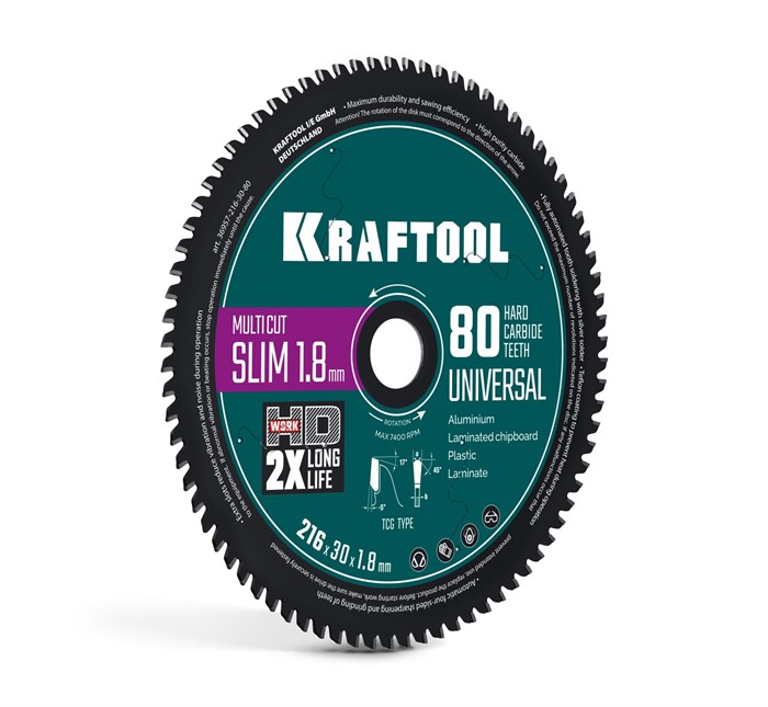 KRAFTOOL Slim multi cut 216 х 30 x 1.8 мм, 80Т, диск пильный по дереву (36957-216-30-80) 00061519239
