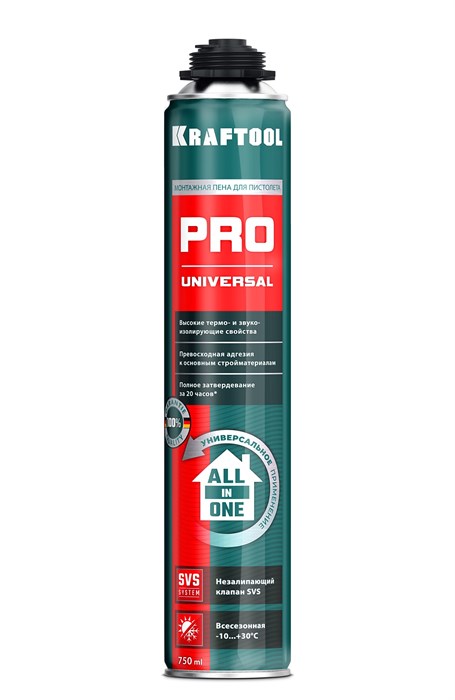 KRAFTOOL PRO, 750 мл, пистолетная, всесезонная, SVS, не залипающий клапан, выход до 45 л, монтажная пена (41182) 00065462088