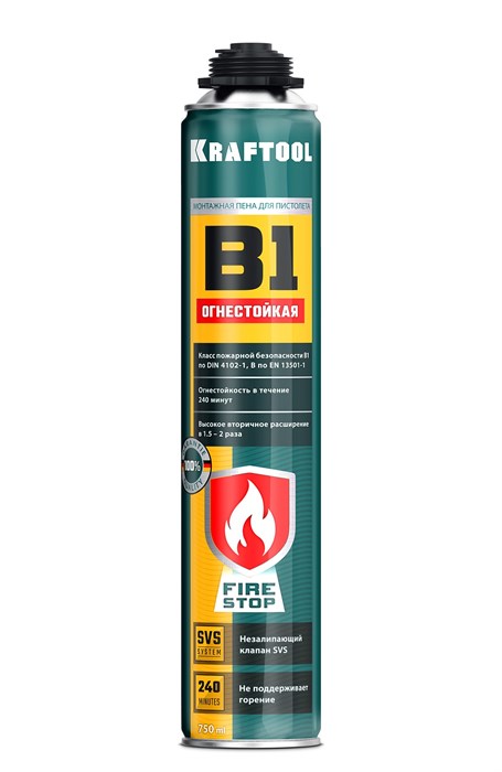 KRAFTOOL FIRE STOP B1, 750 мл, пистолетная, огнестойкая, не залипающий клапан, 240°С, SVS, выход до 51 л, монтажная пена (41186) 00065462097
