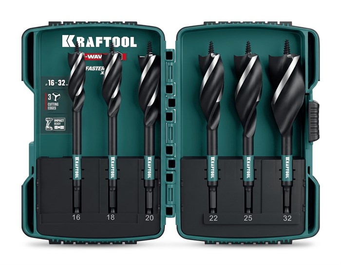 KRAFTOOL 3-Wave 6шт, набор, трехзаходные сверла по дереву с резьбовым центрующим острием (29513-H6) 00068537276
