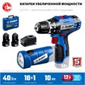 ЗУБР 12 В, 40 Н·м, 2 АКБ тип Т7 (2 А·ч), дрель-шуруповерт + LED фонарь, кейс, Профессионал (DL-121-22F) 0006887038