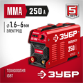 ЗУБР ММА, 250 А, RED MACHINE, сварочный аппарат инверторный, макс. электрод Ø 6.0 мм (СА-250) 00012406