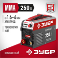 ЗУБР ММА, 250 А, КОМПАКТ, сварочный аппарат инверторный, макс. электрод Ø 6.0 мм (СА-250К) 00012410